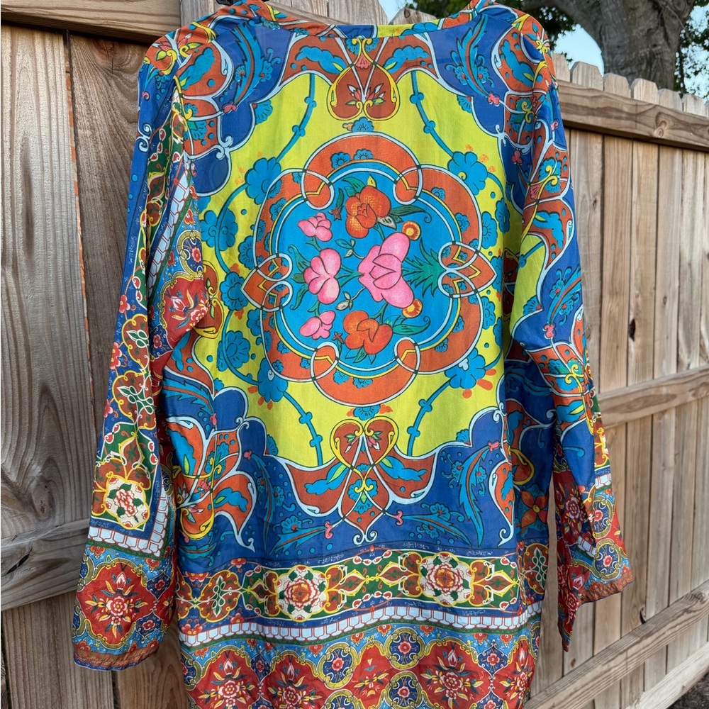 Johnny Was Valenti tie-neck Multicolor Georgette Tunic with front pockets - Picture 5 of 10